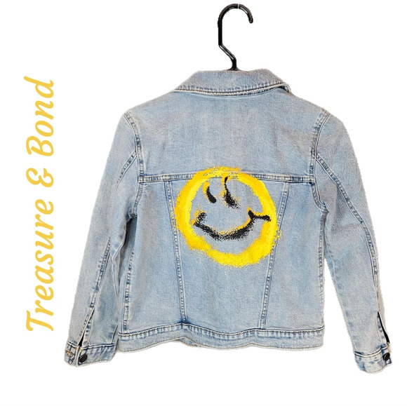 Tresure & Bond Jean Jacket Girls Sz 8-10 Smiley Face Paint Graffiti on the back - Picture 1 of 13